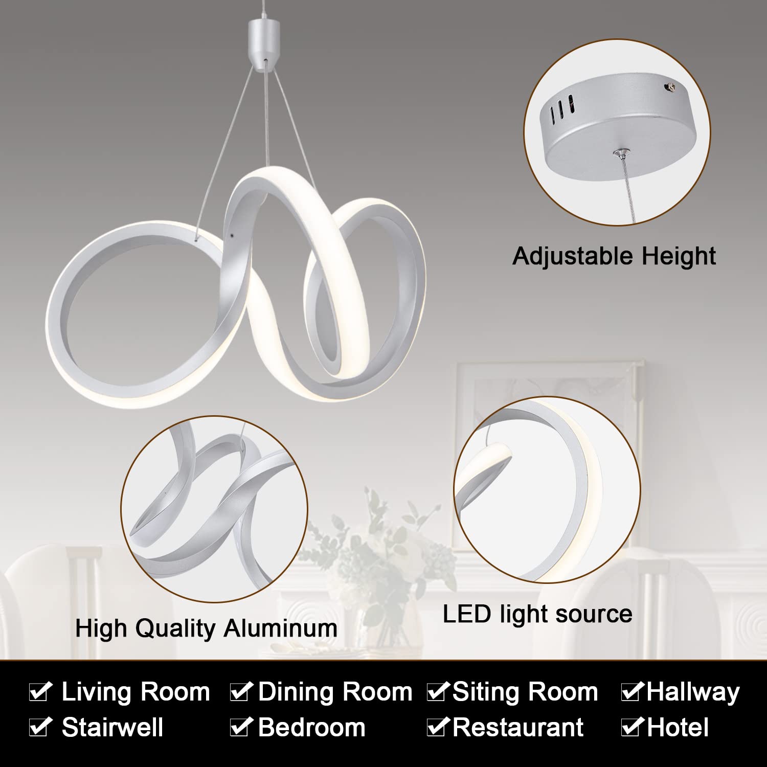 Dimmable Modern LED Chandelier for Kitchen Island Round Pendant Light, Flush Mount Modern Simple Irregular Ring Pendant Light Fixture for Bedroom, Living Room, Dining Room, 4000K(15W)…