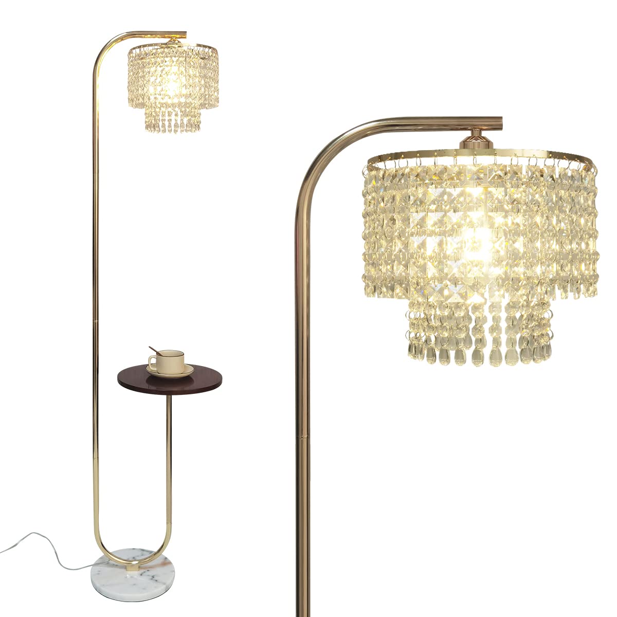 Arc Crystal Floor Lamp for Living Room - Marble Base Modern Tall Stand Up Light with Table,Contemporary Over The Couch Gold Lamp Standing Lamps for Bedroom Office Living Room