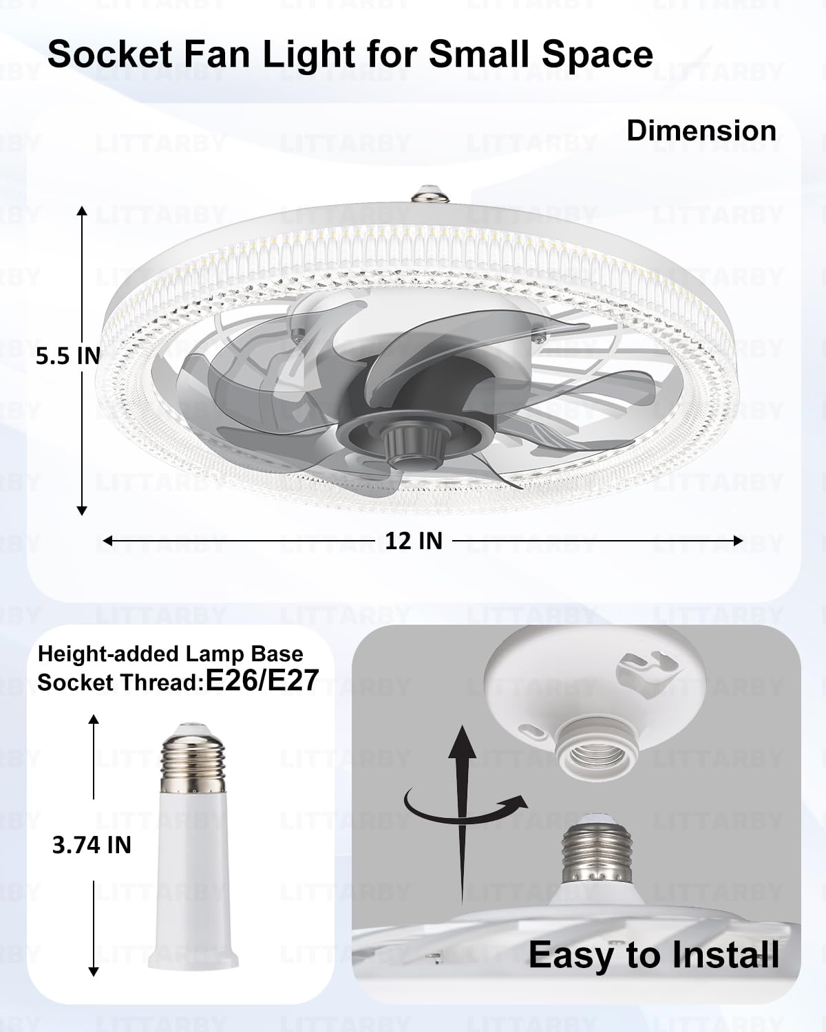 Ceiling Fans with Lights, Socket Fan Light with Remote Control, Dimmable Brightness 3000K-6500K Memory, Socket Modern Flush Mount Low Profile Ceiling Fan for Bedroom, Small Living Room, Kitchen Black