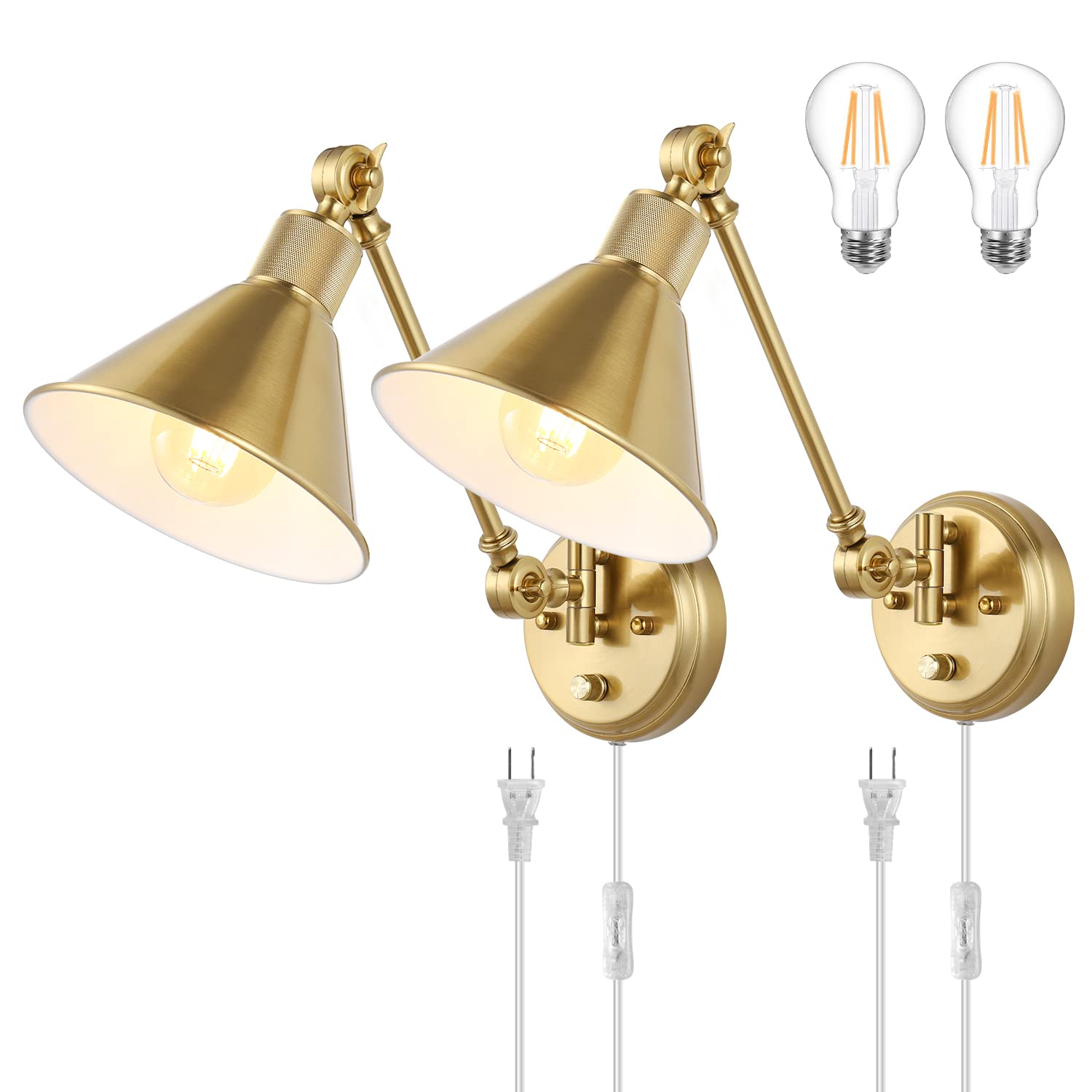 Wall Sconce Plug in, Dimmable Wall Sconces Set of 2 Wall Lights with Plug in Cord and Dimmer On/Off Knob Switch, Brushed Brass Swing Arm Wall Light, UL Listed(2 Pack, 2 Bulbs)