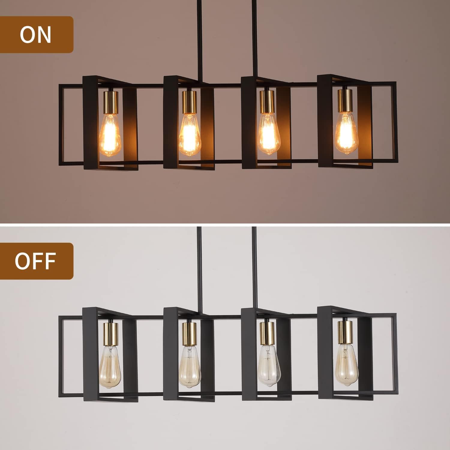 9MMML 3 Lights Kitchen Island Lighting, Modern Rectangle Linear Pendant Light, Black Frame+ Gold Socket Chandelier for Dining &Living Room Foyer Entryway Hallway,E26,Height Adjustable.