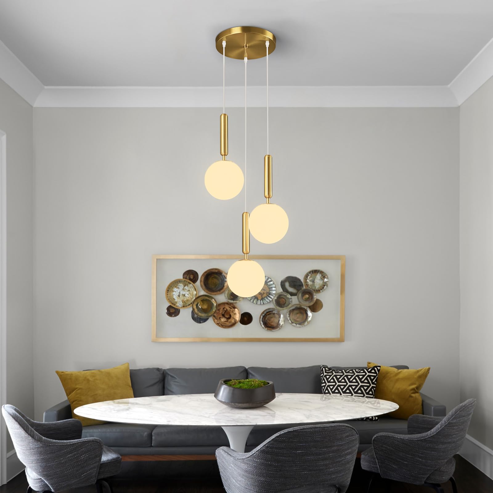 Mid Century Globe Pendant Light with Clear Glass for Kitchen Island Modern Gold Finish Hanging Light Fixture Retro Round Pendant Lighting for Living Room Bedroom Entryway(3-Light)