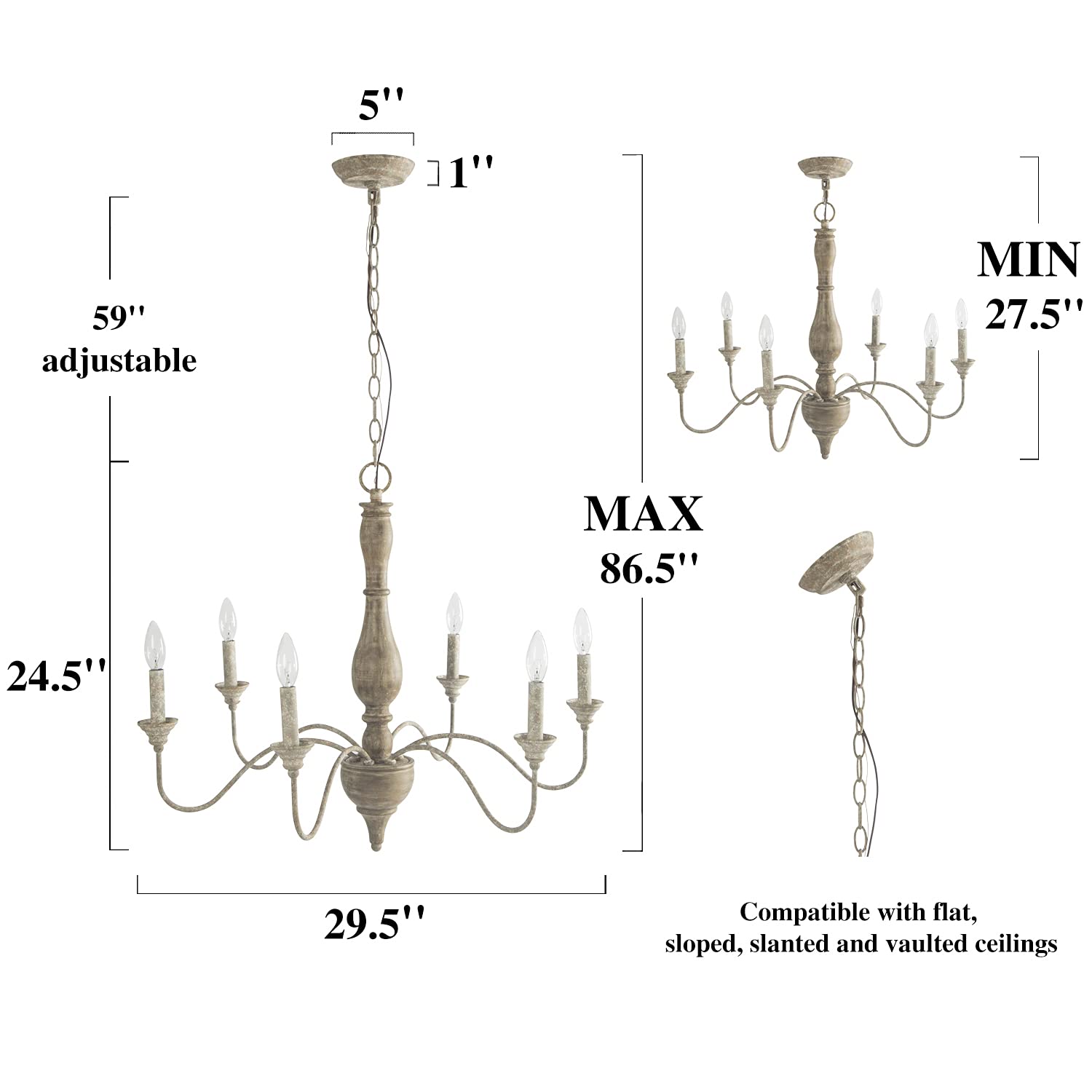 Farmhouse Chandelier, 6-Light Wood French Country Chandelier, Rustic Wooden Chandeliers Light Fixture for Dining Room, Living Room, Bedrooms, Foyer, Stairway, Distressed Wood and Rust Colored