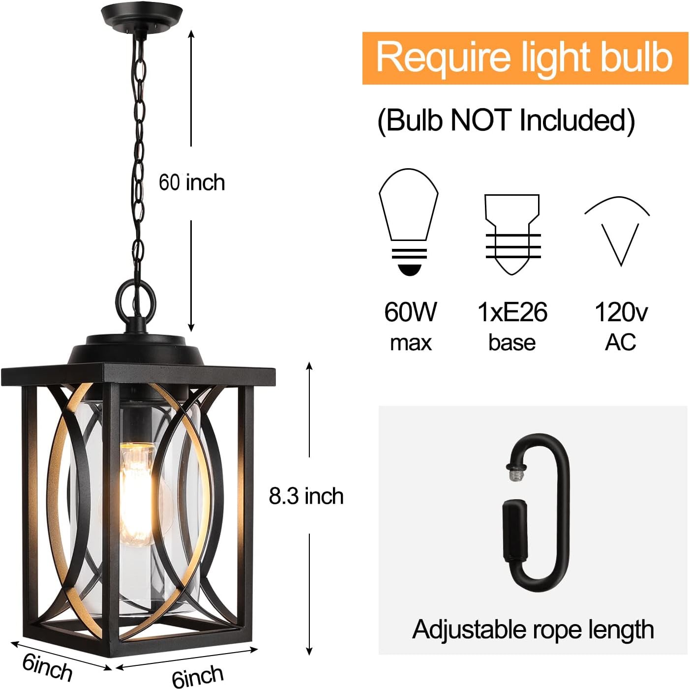 Outdoor Pendant Light Fixture, Modern Black Exterior Hanging Lantern Anti-Rust Metal Hanging Lights with Clear Glass Shade and Adjustable Chain for Porch Foyer Doorway Front Door 1 Pack