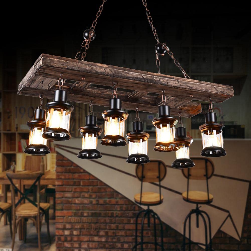 8 Lights Industrial Retro Wooden Chandelier Pendant Light Island Hanging Ceiling Fixture Vintage Farmhouse Wood Light Adjustable Chain for Home Cafe Bar Restaurant (39.4")