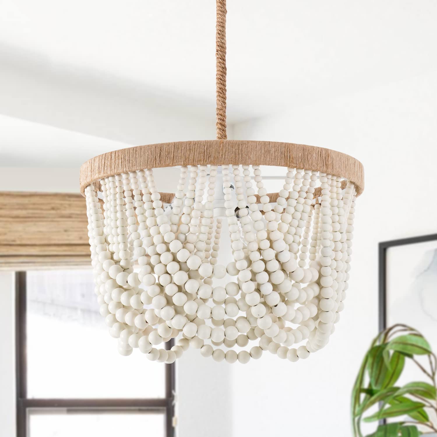 Bohemia Wood Beaded Pendant Lights Antique Rustic Mini Chandelier White Finishing for Bedroom, Nursery Room, Girl Room, Hallway, Entryway, Passway, Dining Room, 3-Light