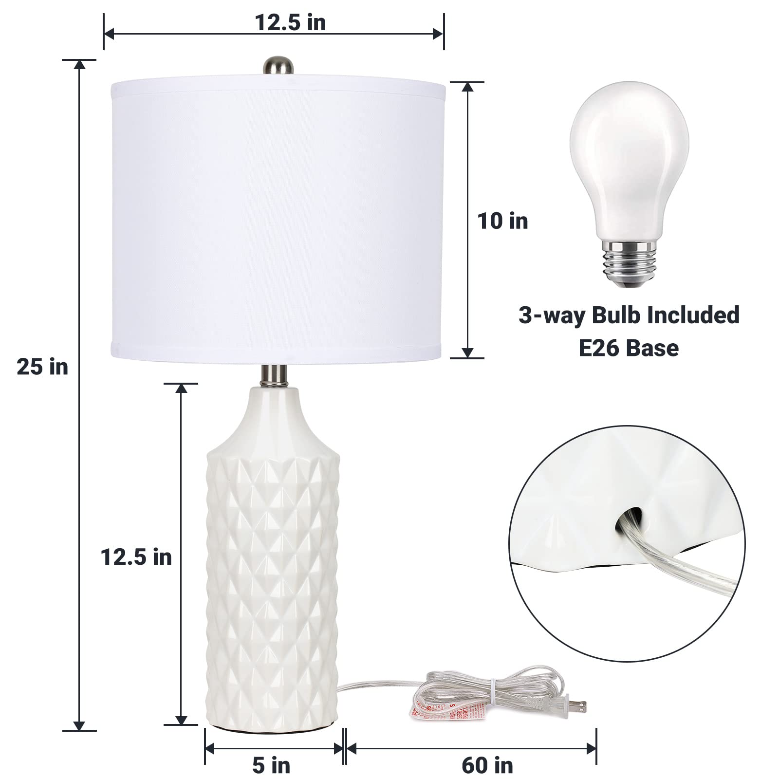 Ceramic Table Lamps Set of 2, White Modern Bedside Lamp 25" Nightstand Lamp 3-Way Dimmable Lamp for Bedroom Living Room End Table Lamp Farmhouse Lamp Side Table Lamp, Bulbs Included