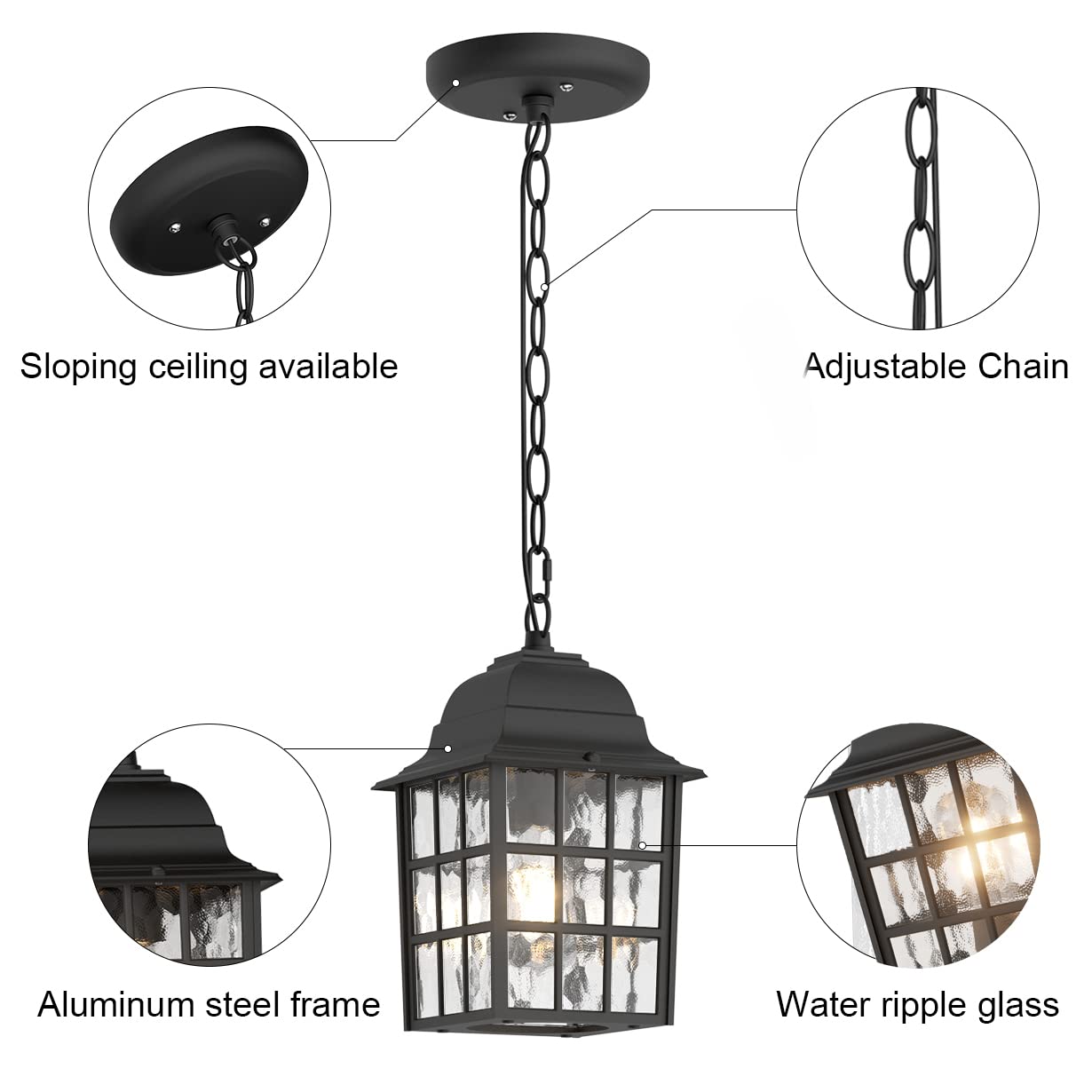 Outdoor Pendant Light, Exterior Ceiling Hanging Lantern Porch Light with Water Glass, Outdoor Hanging Lantern Light Black Exterior Pendant Lighting Fixture for Porch, Yard, Gazebo