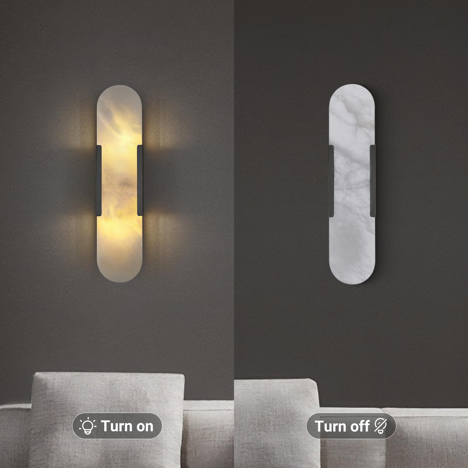 13.8 in Brass Alabaster Wall Sconces, Natural Marble Wall Sconces Set of Two Indoor Alabaster Sconces for Living Room Modern Alabaster Sconces Wall Lighting for Dining Room Stairs Bedroom