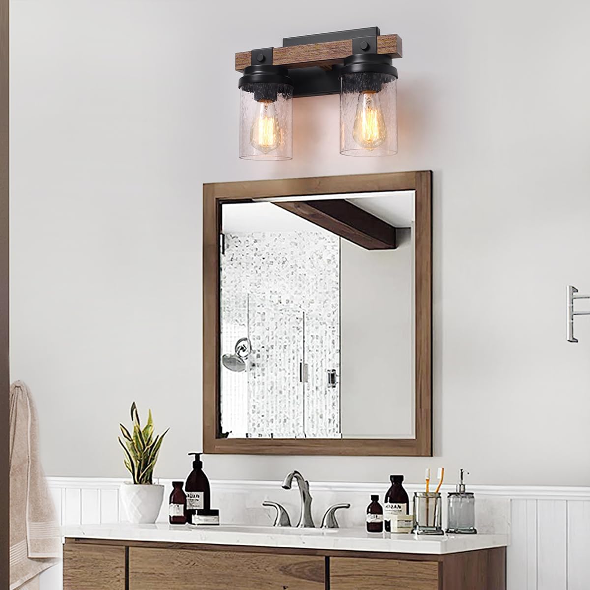 2-Light Farmhouse Vanity Lights for Bathroom, Rustic Bathroom Light Fixtures with Pretty Glass Shade, Black Industrial Wood Grain Wall Sconce for Bathroom Hallway Bedroom