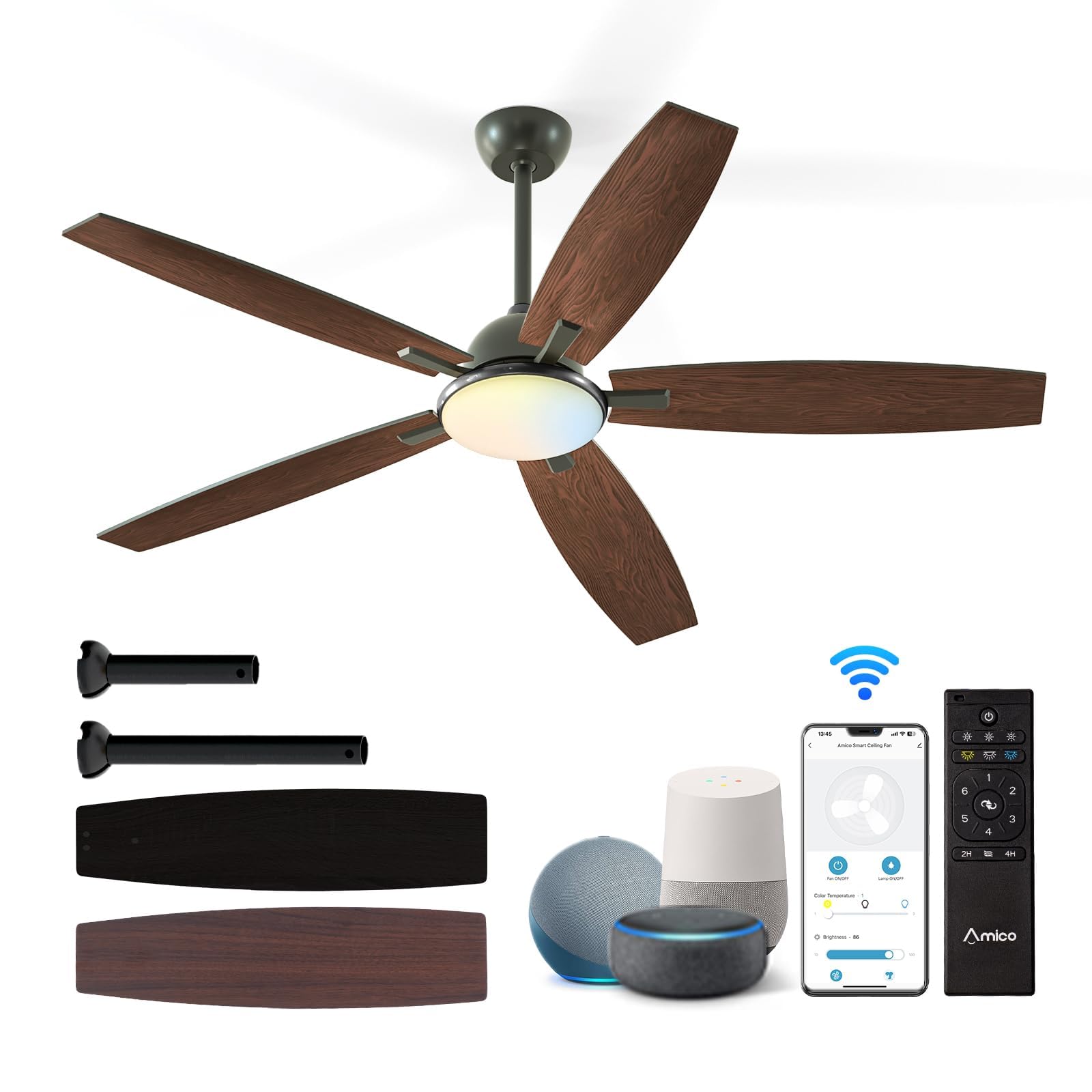 Ceiling Fans with Lights, 52 inch Smart Ceiling Fan with Remote/APP/Alexa Control, Reversible DC Motor, 5 Blades, 6 Speeds, 3CCT, Dimmable, Noiseless, Wifi Ceiling Fan for Bedroom, Farmhouse