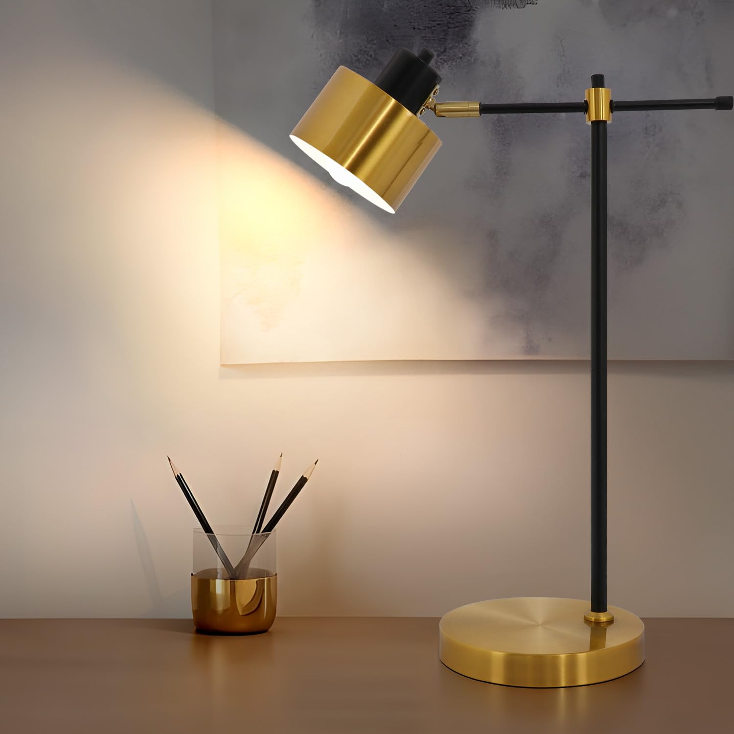 OYEARS 22.2“ Modern Industrial Desk Lamp for Reading LED Metal Table Lamp Light for Office Bedroom Study Room Living Room Nightstand Bedside Lamps Gold and Matte Black Accent Finish (Bulb Included)