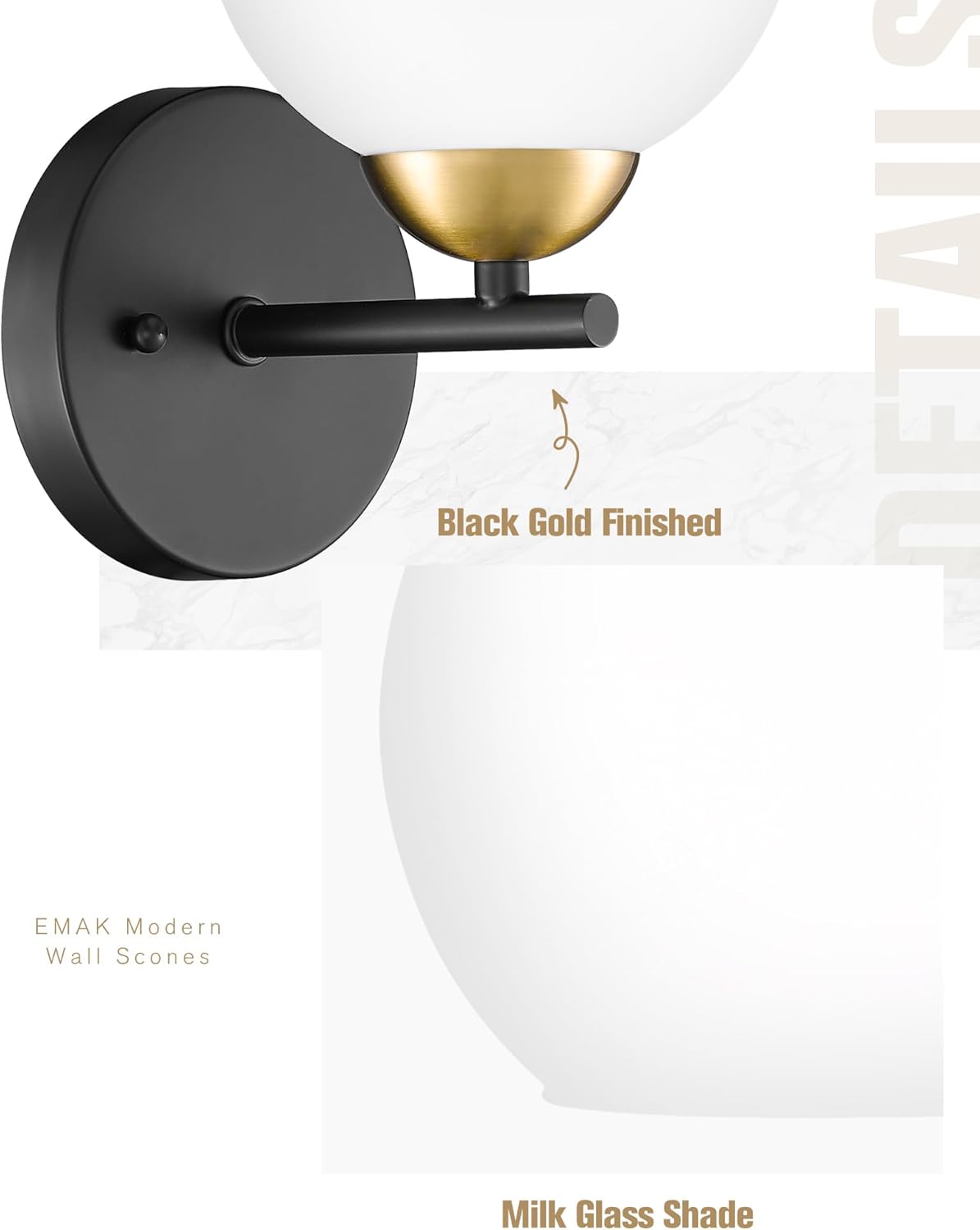 Black Vanity Lights for Mirror, Modern Farmhouse 2-Light Bathroom Light Fixtures Globe Bathroom Vanity Light with Milk Glass Shade, VL114-BK-ML-2