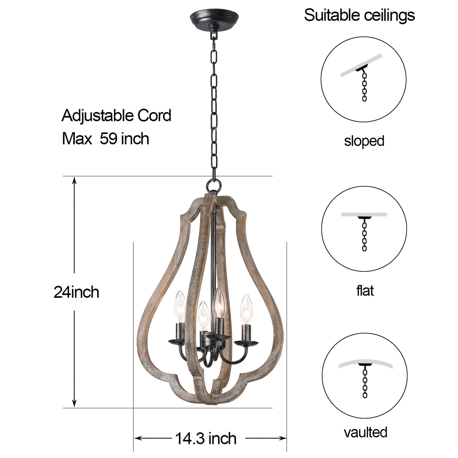 2024 New Antique Wood Farmhouse Chandelier, 4 Light Vase Shape Distressed French Country Wooden Pendant Light, Coastal Hanging Rustic Orb Chandeliers for Dining Room Kitchen Island Bedroom Foyer Entry