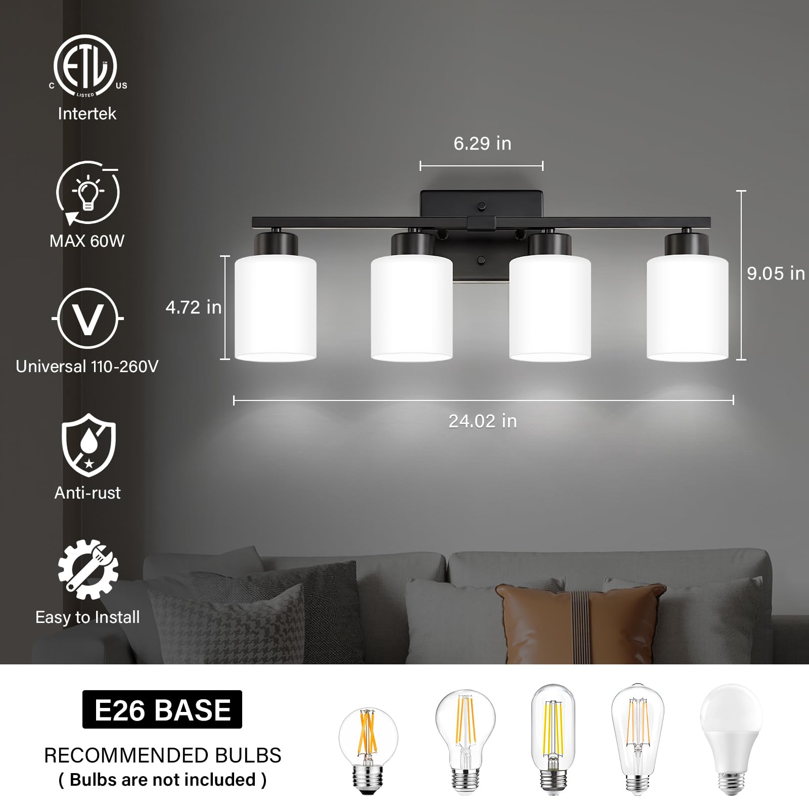 Brushed Nickel Bathroom Light Fixtures, 3-Light Modern Vanity Light Over Mirror, Wall Sconces with Milky White Frosted Glass Shades, E26 Socket (Bulbs Not Included)