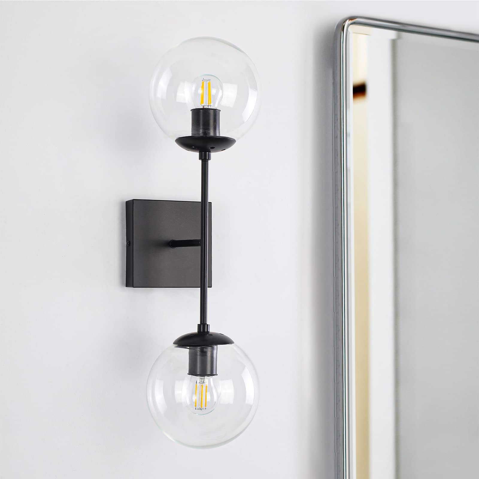 Wall Sconces Black, Modern Bathroom Vanity Lights with Clear Glass Globe Shades Industrial Wall Light Fixtures for Bathroom Bedroom 2 Lights