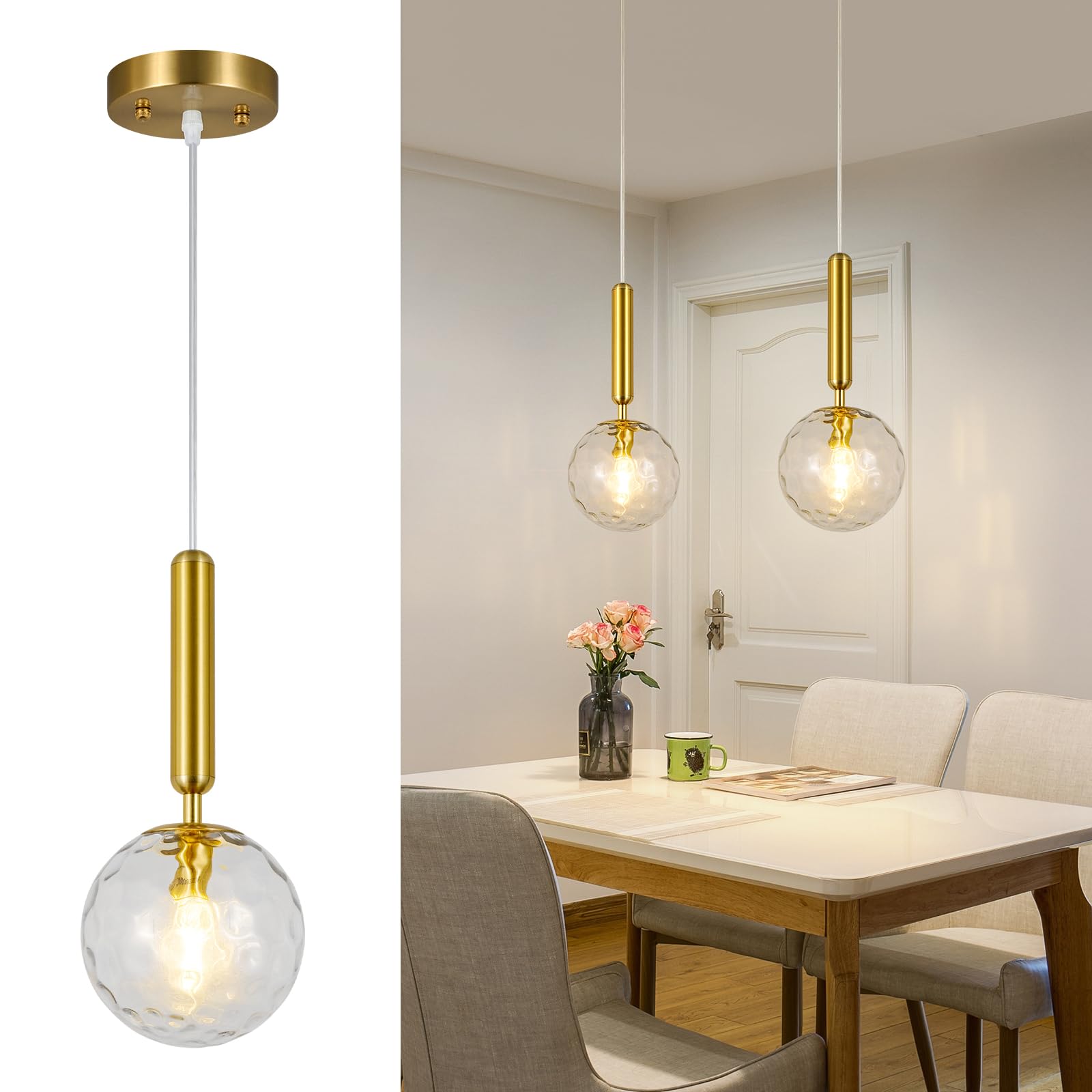 Mid Century Globe Pendant Light with Clear Glass for Kitchen Island Modern Gold Finish Hanging Light Fixture Retro Round Pendant Lighting for Living Room Bedroom Entryway(3-Light)