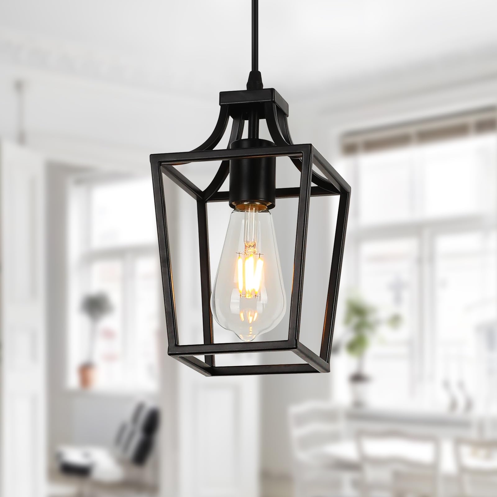 Farmhouse Kitchen Island Lighting Black Pendant Light Fixtures 4-Light Dining Room Lights Wood Chandelier Adjustable Hanging Pendant Lighting for Kitchen Island