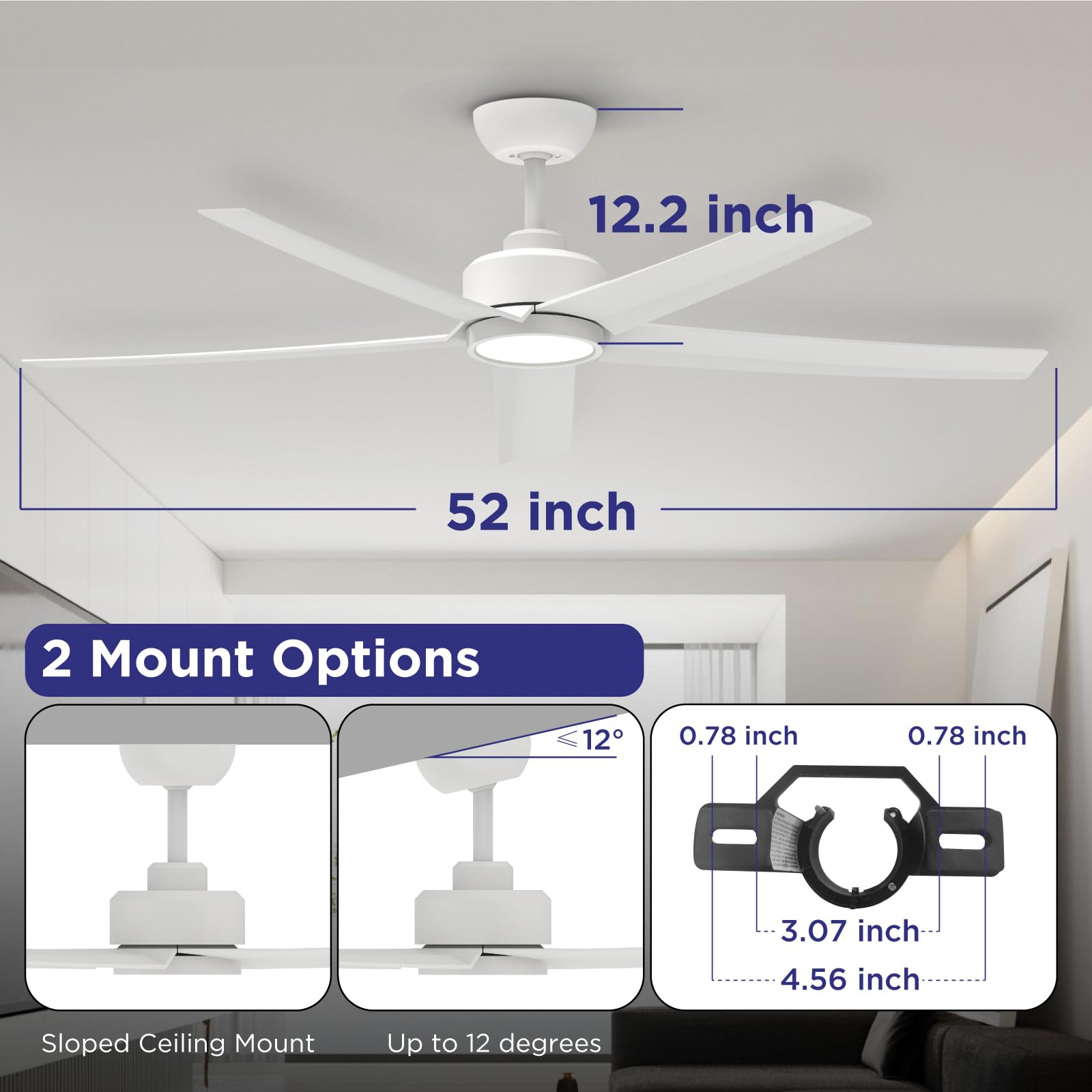 Ceiling Fans with Lights, 52 inch Black Ceiling Fan with Light and Remote Control, 3CCT, Quiet DC Motor, 5 Blades Modern Ceiling Fan for Living Room Farmhouse Bedroom