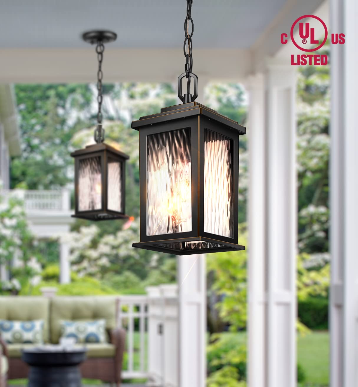 Outdoor Pendant Light Fixture, Farmhouse Exterior Hanging Lights with Adjustable Chain, Anti-Rust Aluminum Frame with Tempered Water Glass, Hanging Lantern for Front Door Ceiling Entry Porch