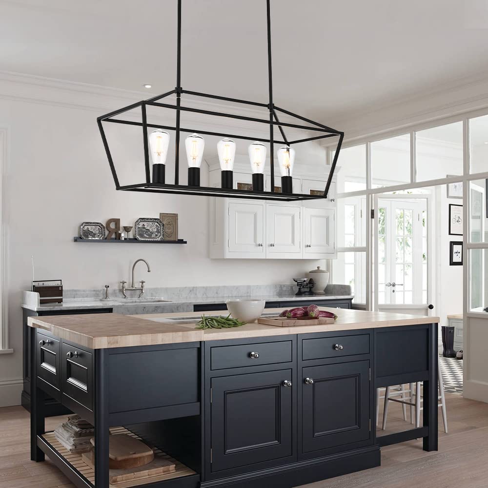 5 Light Modern Kitchen Island Light in Gold Finish,Industrial Hanging Pendant Lighting Fixture with Metal Frame Linear Lantern Chandelier for Dining Room Foyer Cafe Bar