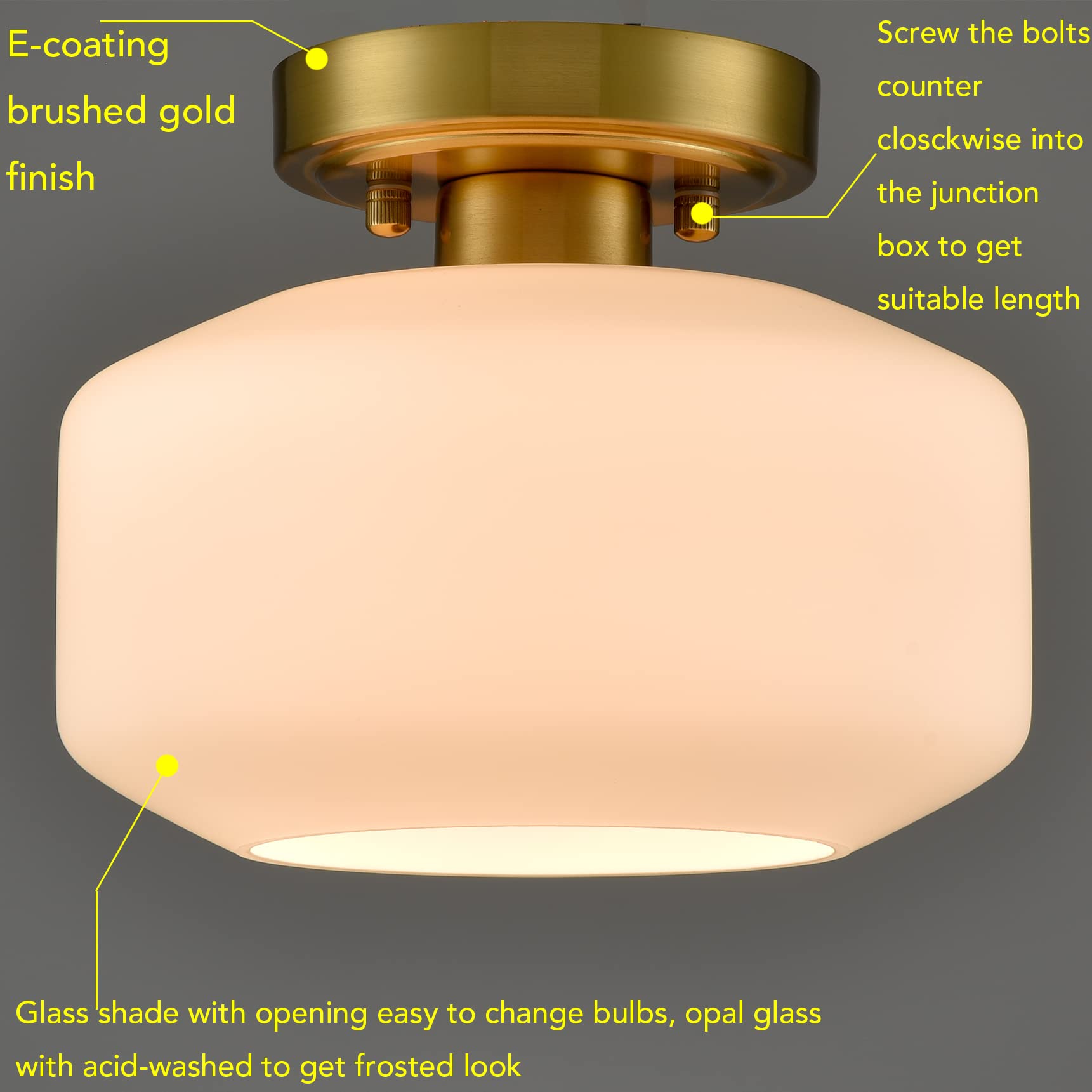 Modern Farmhouse Semi Flush Mount Ceiling Light Gold Hallway Light Fixture Ceiling Hung Opal Milk Glass Shade