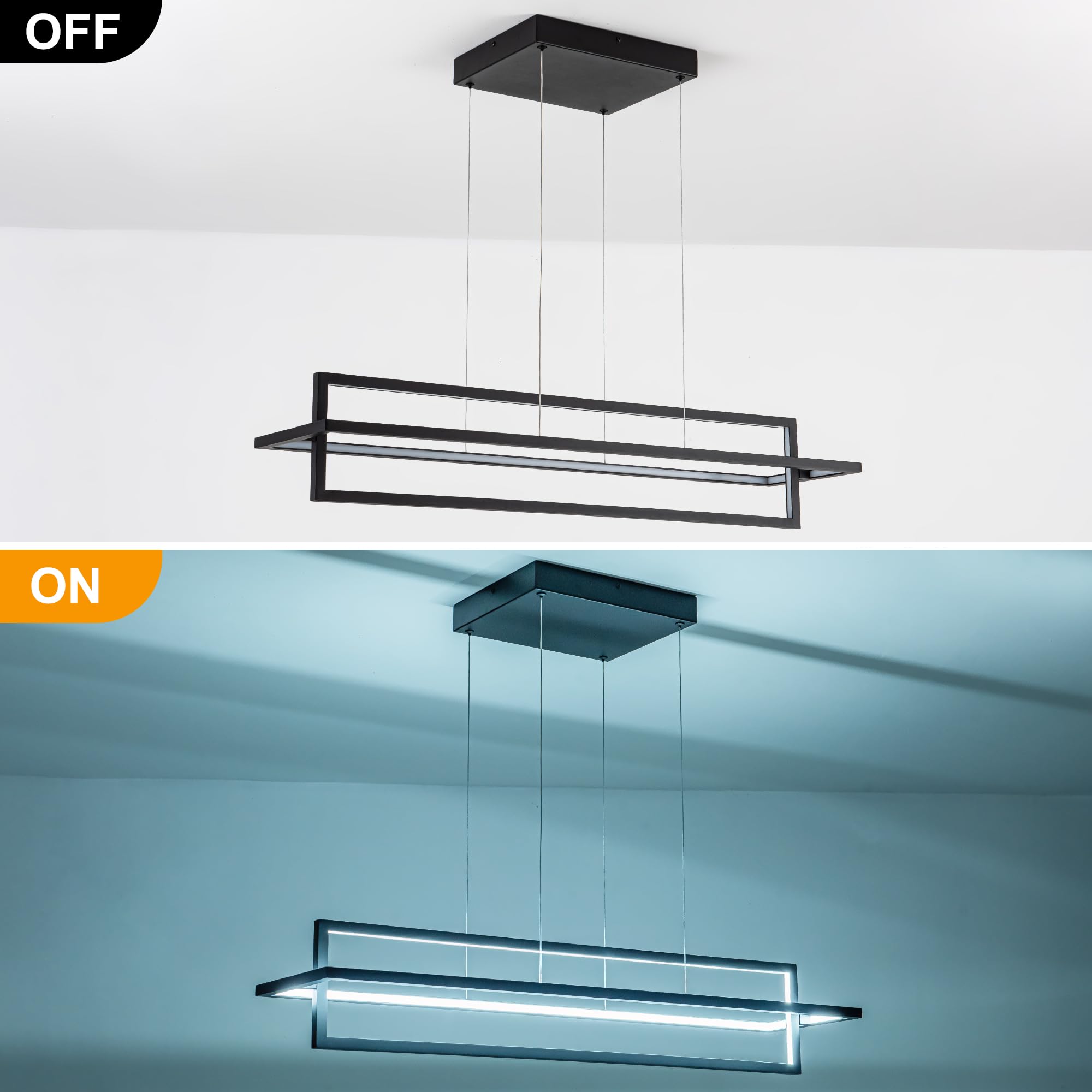 Modern LED Chandelier Linear Rectangle Chandelier Dimmable 35.4” Kitchen Island Lighting, Contemporary Hanging Linear Led Pendant Chandelier Light Fixture for Dining Room Hallway Bar Black