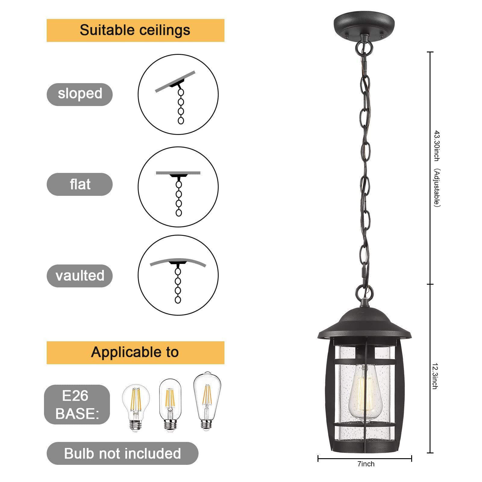 Outdoor Pendant Light for Porch, Exterior Hanging Lantern Outdoor Chandelier in Black Finish for Entryway, Doorway, Farmhouse, Foyer