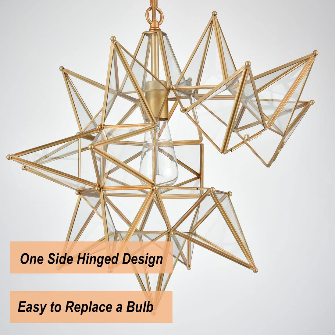 Moravian Star Pendant Light 20-Inch Large Hanging Ceiling Light Modern Gold Finish with Seeded Glass Adjustable Chain