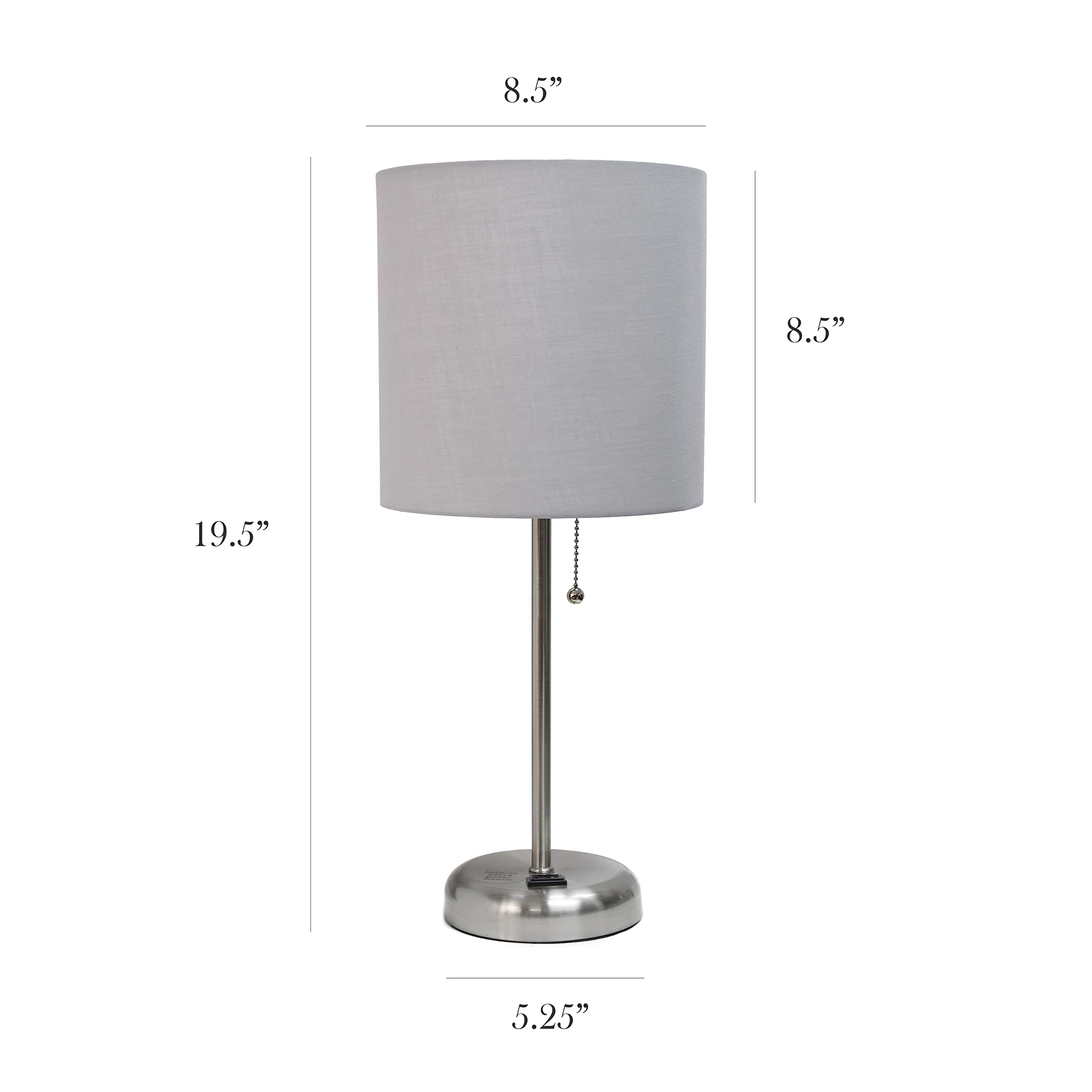 Brushed Steel Stick Table Desk Lamp with Charging Outlet and Drum Fabric Shade, Gray Shade