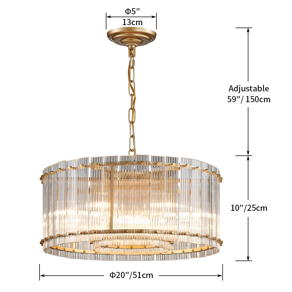 Saint Mossi 21032 Drum Chandelier Light Fixture, Doule Layer Middle Century Modern Design, with 5-Light, D18 x H10, Adjustable 59" Chains, Ripple Glass Shade & Gold Finish Metal Frame