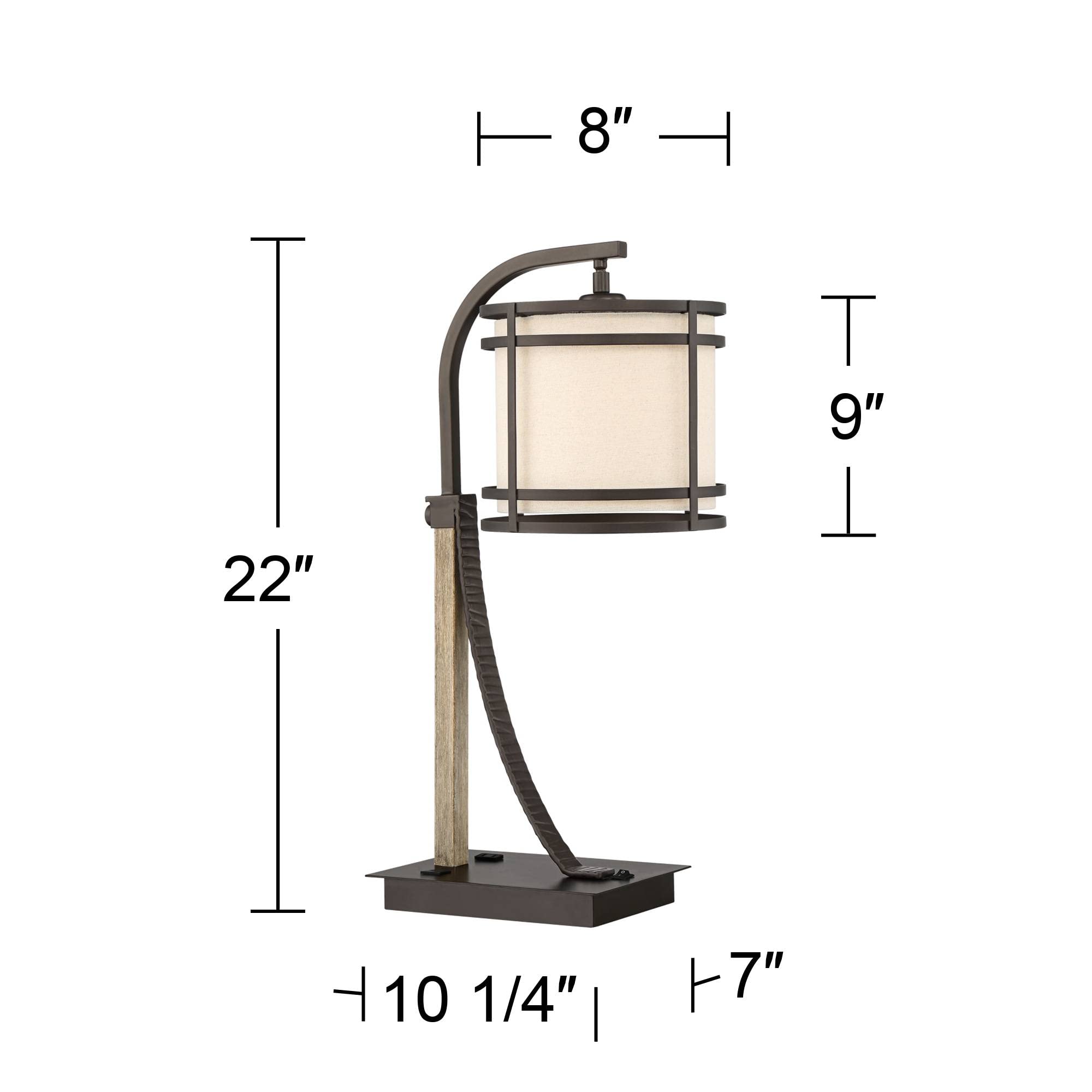 Industrial Desk Table Lamp 22" High with USB and AC Power Outlet in Base Oil Rubbed Bronze Faux Wood Metal Cage Oatmeal Drum Shade for Bedroom Living Room House Desk