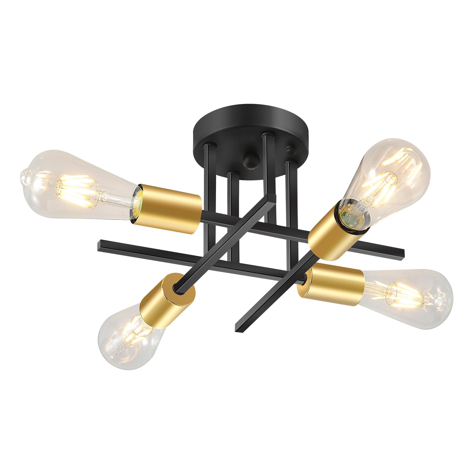 4-Light Modern Sputnik Chandelier, Mid Century Ceiling Light Fixture, Gold Black Semi Flush Mount Ceiling Lights for Dining Room Bedroom Foyer Hallway Kitchen Office (2 Pack)