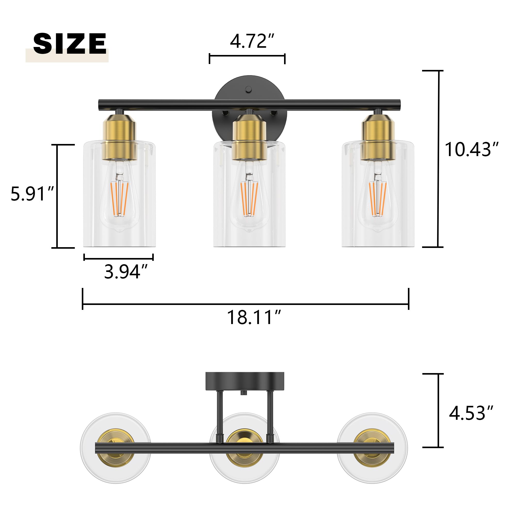 Bathroom Vanity Light Fixtures Matte Black Bathroom Lighting Fixture, 3 Lights Bathroom Light Fixture Over Mirror, Modern Black Vanity Light, UL Certified Wall Sconces with Glass Shades