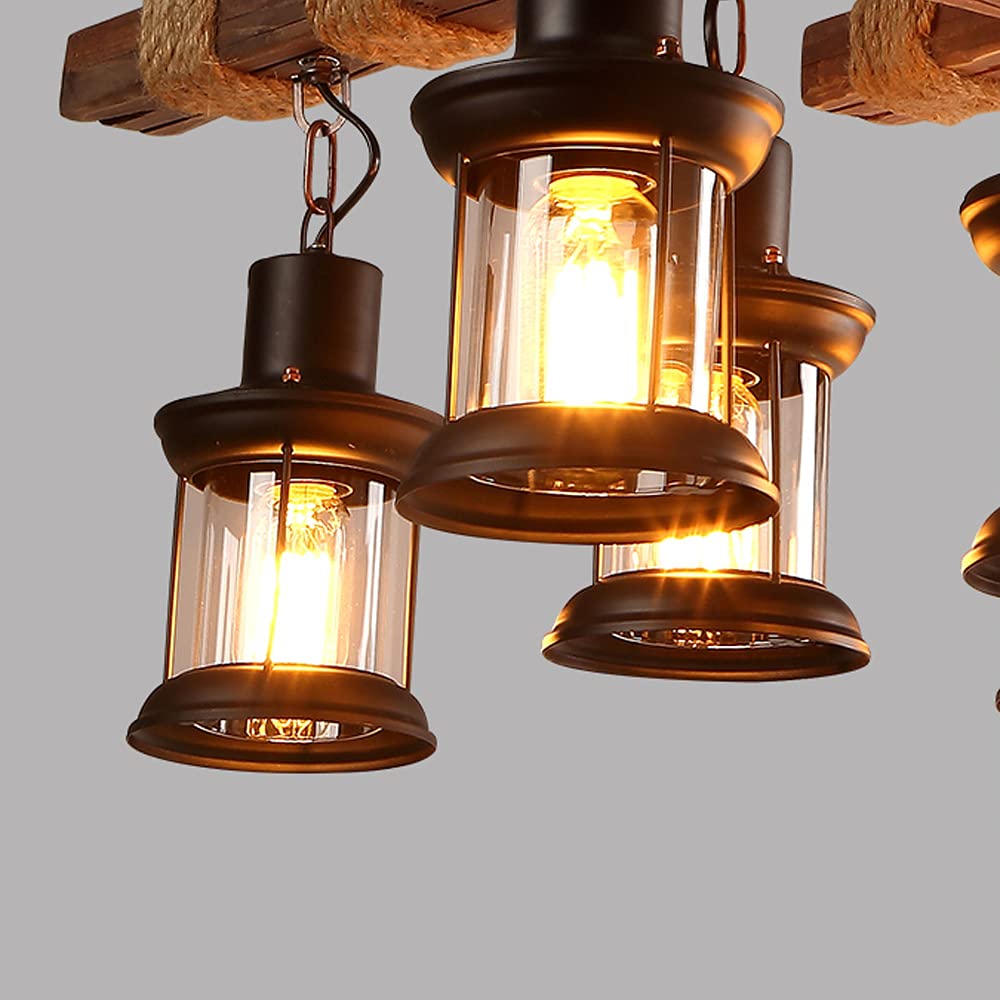 TFCFL 6 Lights Industrial Vintage Hanging Pendant Light Wooden Chandelier Ceiling Light Retro Wooden Light Suspension Lighting Fixture Retro Loft Lantern Chandelier Lights Handmade Lighting Products