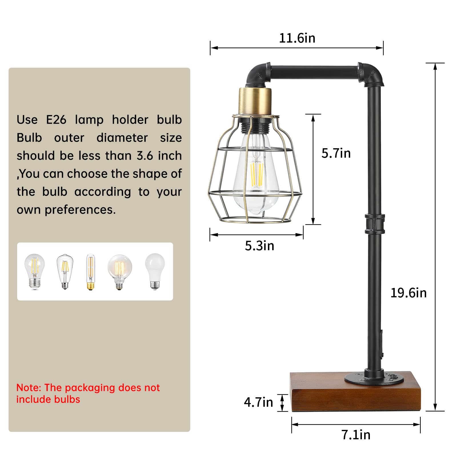 CONCA Industrial Steampunk Table Lamp, Edison Bulb, Metal, A-Black, 19.6x11.7x5.35 inches, 3 lbs, E26 Base, 800 Lumen, 120V