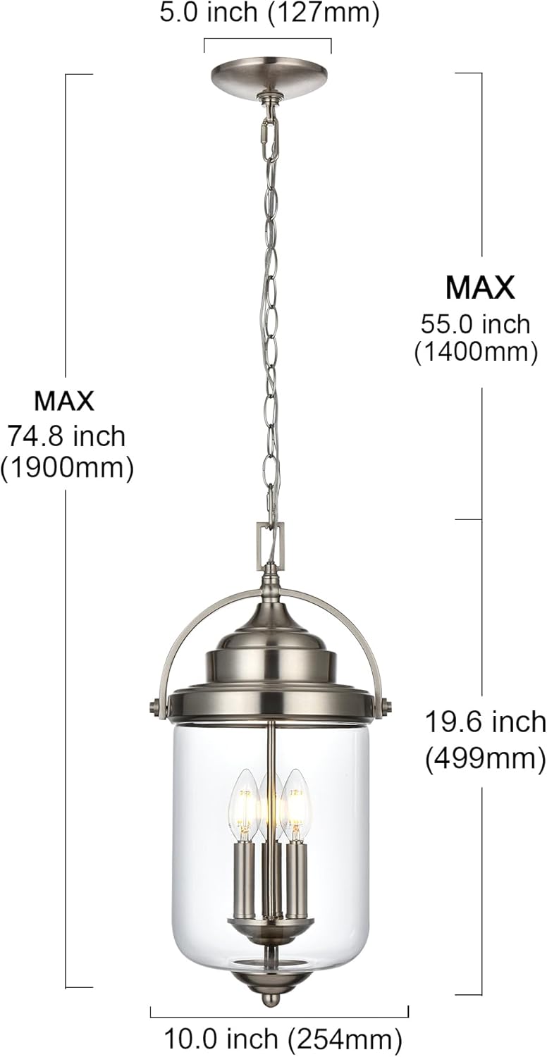 Outdoor Pendant Lights for Porch, 3-Light Outdoor Chandelier Exterior Hanging Lantern in Brushed Nickel Finish with Clear Glass, Front Door Hallway Porch Lighting