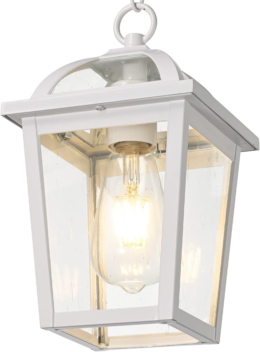 Outdoor Pendant Light Fixture, White Retro Exterior Hanging Lantern with Adjustable Chain, Outdoor Hanging Porch Light with Seeded Glass for Patio Backyard Front Porch