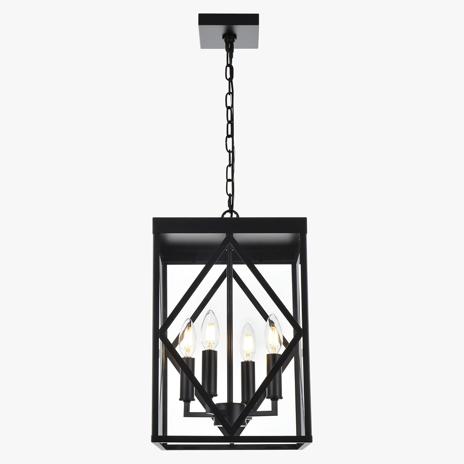 4-Light Outdoor Pendant Light Fixtures Large Black Outdoor Chandelier Cage Exterior Hanging Porch Light with Glass Shade, Outdoor Pendant Lantern Lamp for Front Porch Balcony Gazebo Foyer