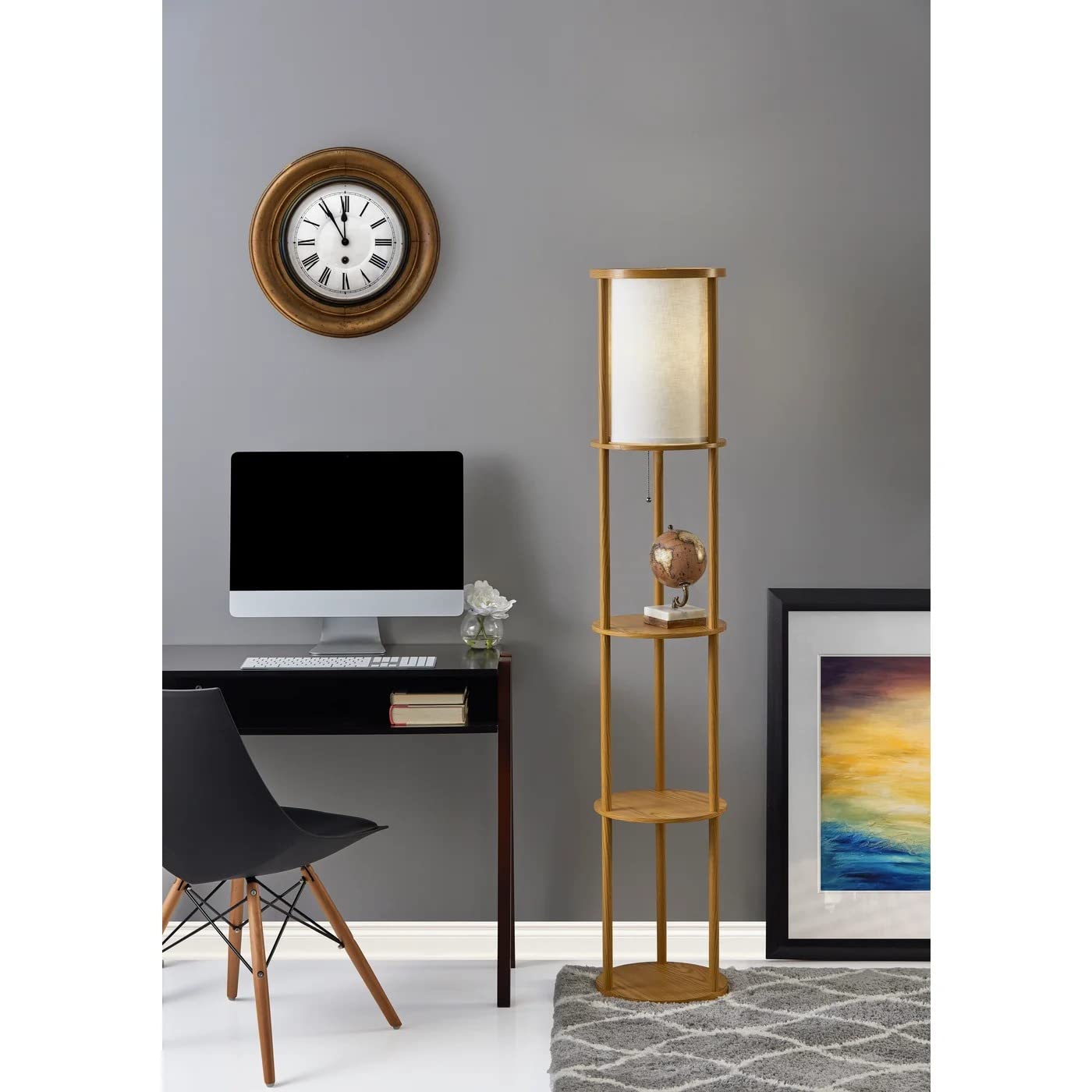 Stewart Round Shelf Floor Lamp, Natural Wood Finish