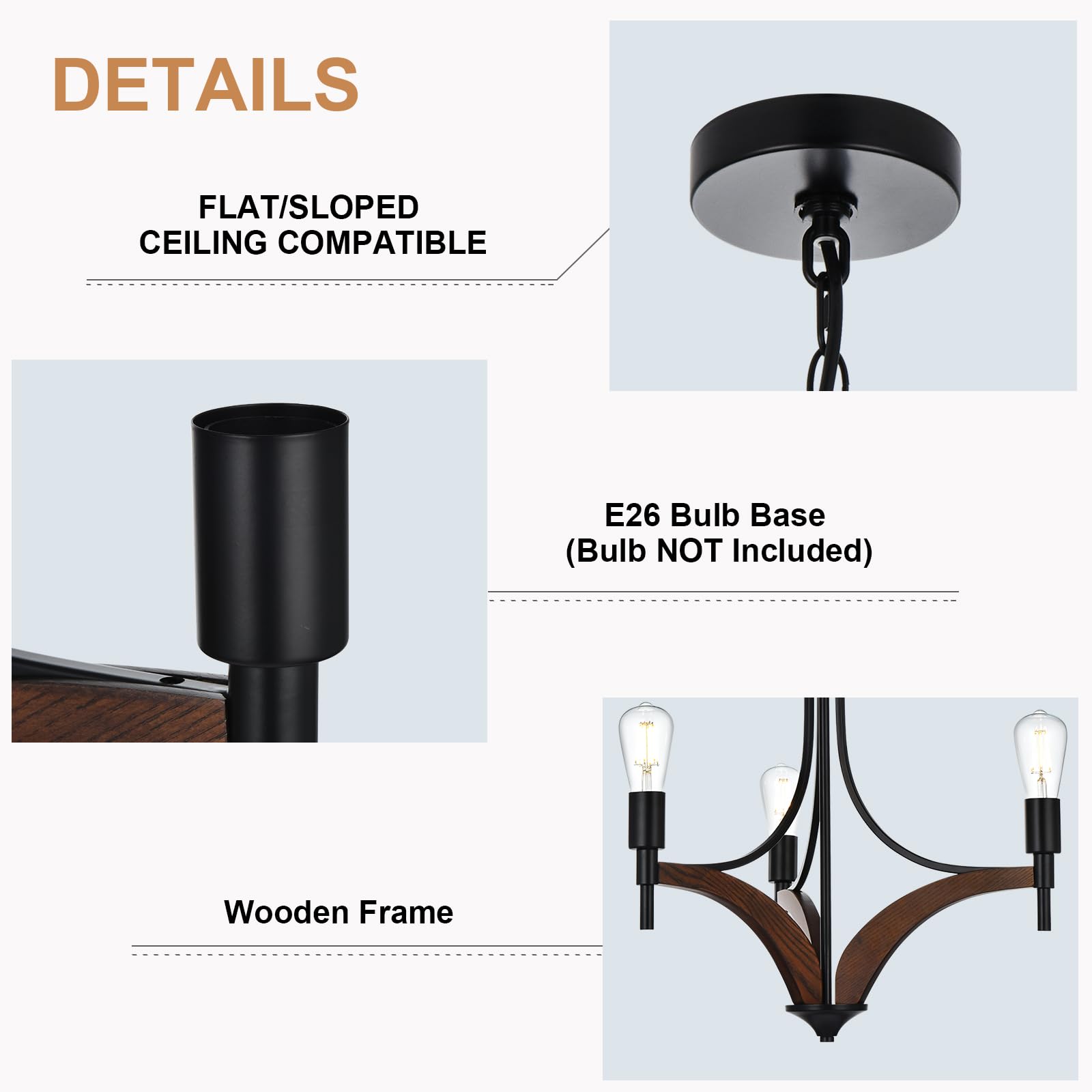 Wooden Chandelier 3-Light Vintage Chandelier Industrial Retro Rustic Black Pendant Light Fixtures for Dining Room Kitchen Island Living Room Bar