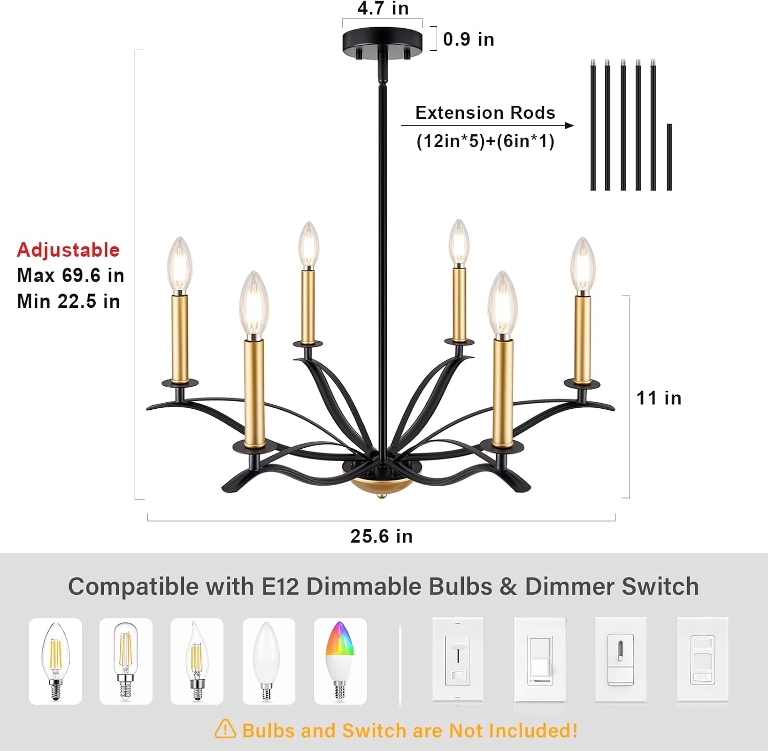 Black and Gold Chandelier, 6-Light Farmhouse Chandelier for Dining Room, Modern Candle Dining Light Fixture, Metal Chandelier Hanging Lighting for Kitchen, Living Room, Foyer, Entryway