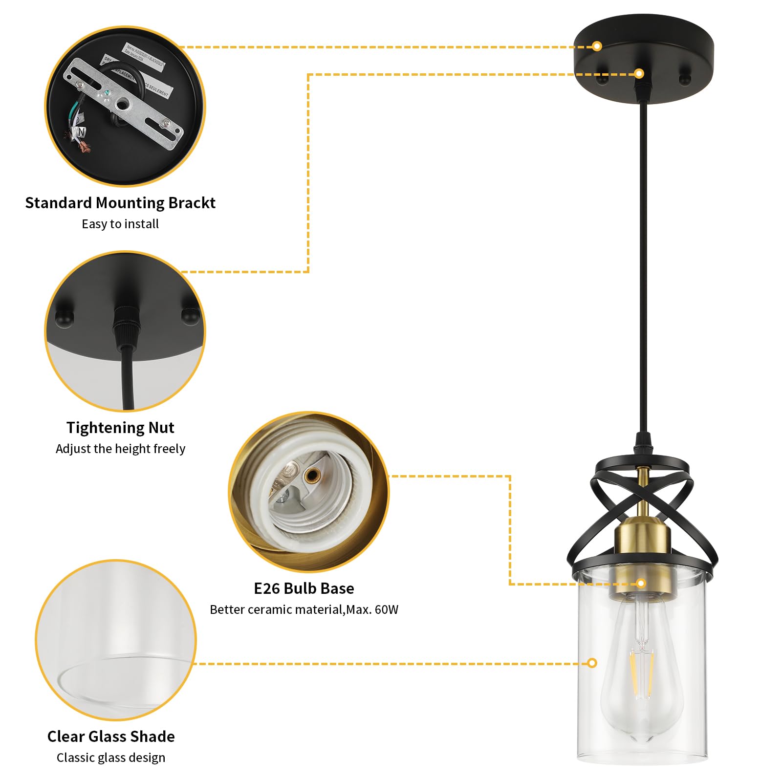 Modern Pendant Light Fixture Farmhouse Hanging Light with Clear Glass Shade, Industrial Black and Gold Pendant Lighting for Kitchen Island Dining Room Bedroom