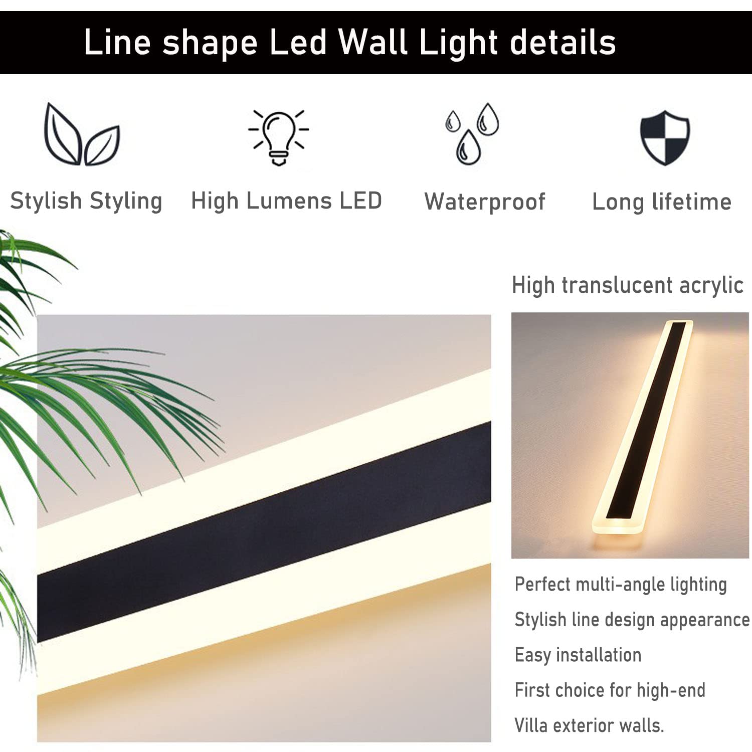 2 Pack 23.6INCH Long Outdoor LED Wall Lights,18W Waterproof IP65 Warm White led Wall Light Rectangular Black Wall Light,led Porch Lights Outdoor Wall Elegant Frosted White Acrylic Anti Rust