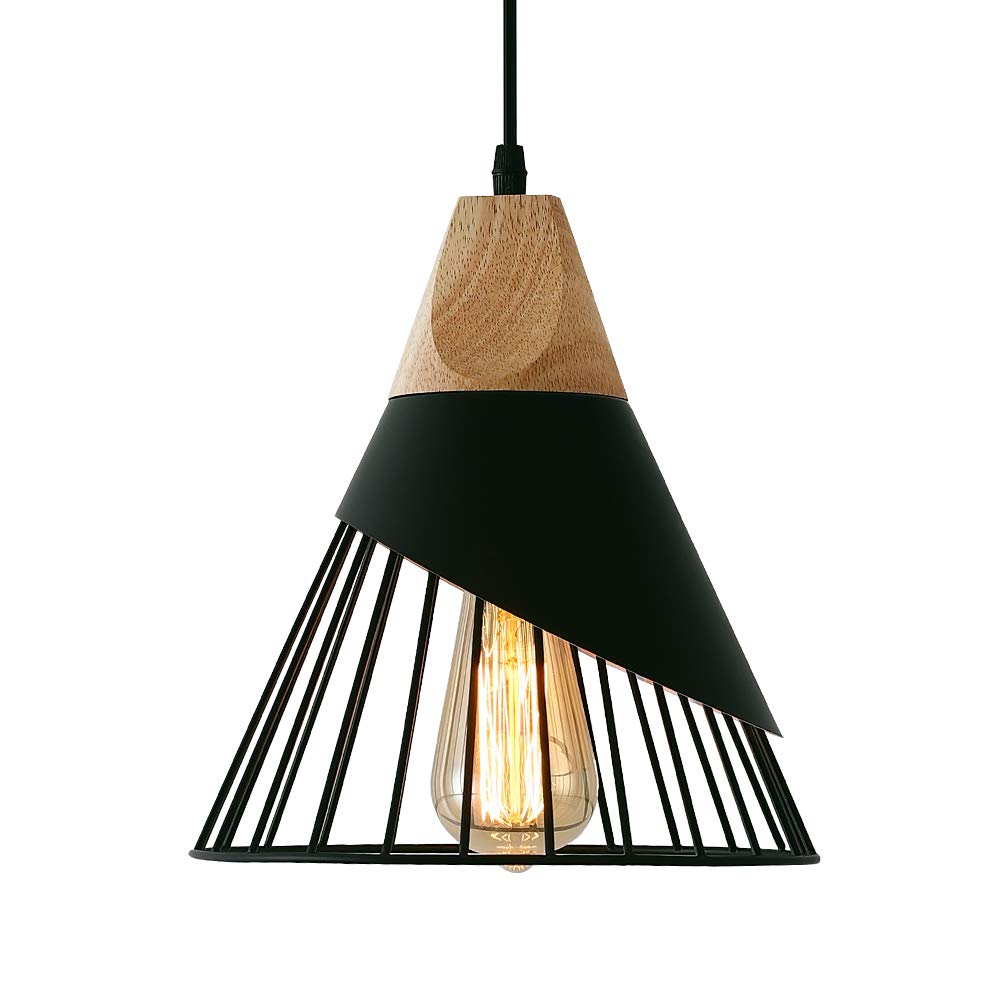 Modern Black Pendant Light Over Kitchen Island, Adjustable Wood Hanging Light Fixture,Industrial Pendant Lighting for Dining Room,Living Room,Bedroom,Hallway,Kitchen,Bar