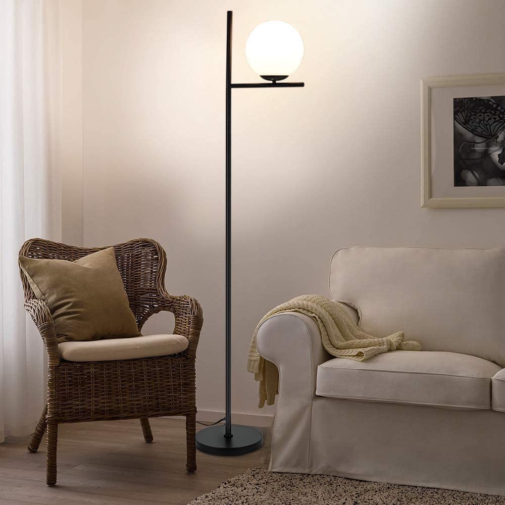 Modern LED Sphere Floor Lamp-9W Frosted Glass Globe Standing Lamps for bedroom, Energy Saving Mid Century Tall Pole Standing Accent lighting for Living Room, Office, Bedroom, Black