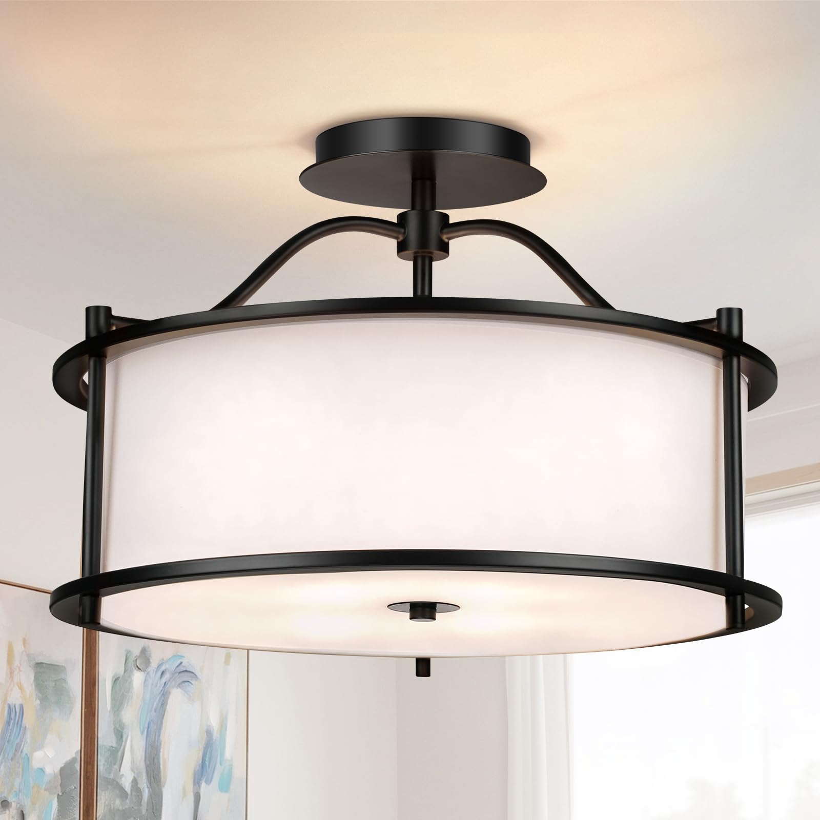 4 Light Semi Flush Mount Ceiling Light 15.7 Inches Light Fixture with Metal Frame Fabric Shade Modern Ceiling Light for Living Room Bedroom Kitchen Dining Room Entryway Hallway