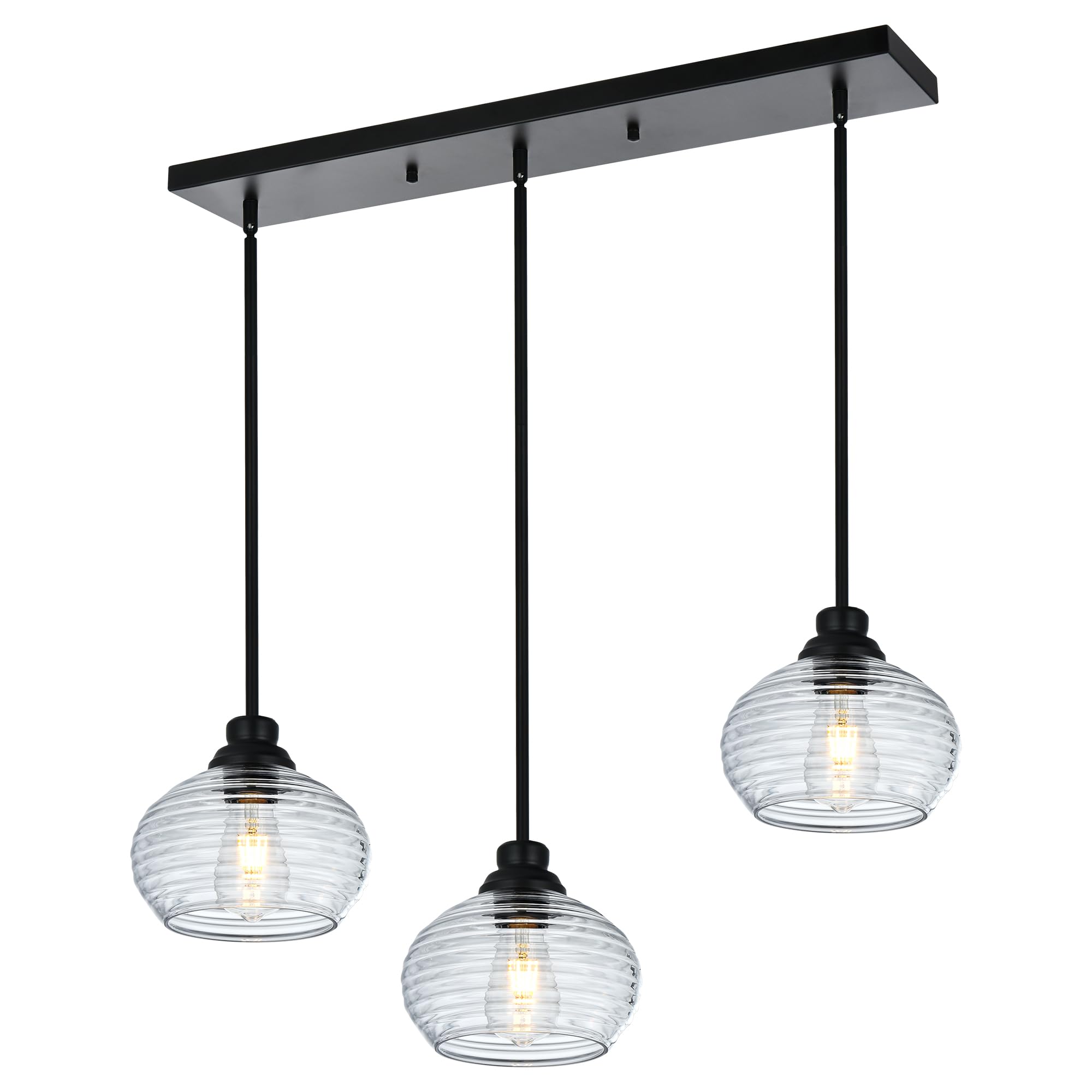 30.3 Inches Kitchen Island Lighting with Clear Water Ripple Glass Shade, 3-Light Mid Century Modern Chandelier Black Dining Room Light Fixtures Over Table, Adjustable Height