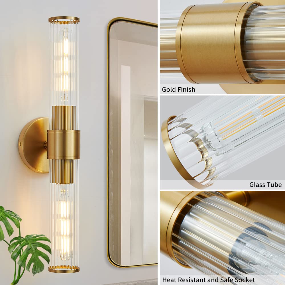 Gold Wall Sconce, Bathroom Light Fixtures in Clear Glass Indoor Wall Sconces, Modern Sconce Wall Lighting Up and Down Vanity Lights Fixtures for Bathroom,Living Room,Hallway, Kitchen