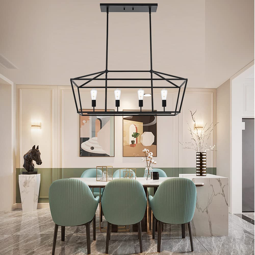 Modern 4 Light Farmhouse Chandelier Gold Linear Kitchen Island Pendant Light Traditional Rectangular Dining Room Lighting Fixture Hanging Metal Cage Pendant Lamp for Hallway Foyer